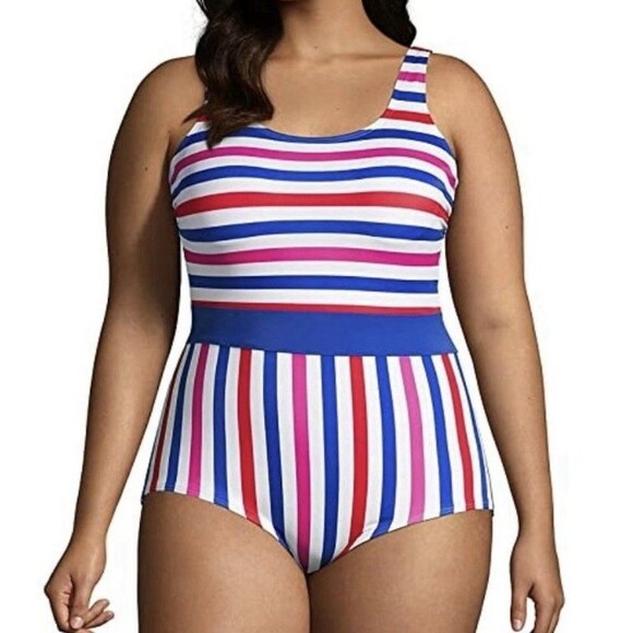 Lands End Tugless Striped Women's Bathing Suit Blue White Red Pink Swimsuit, 16W - Picture 1 of 11